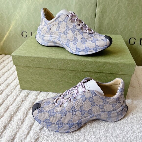 Gucci Monogram Run Runner GG Logo Sneaker Beige Blue Mens UK 8.5 US 9 - Picture 7 of 16